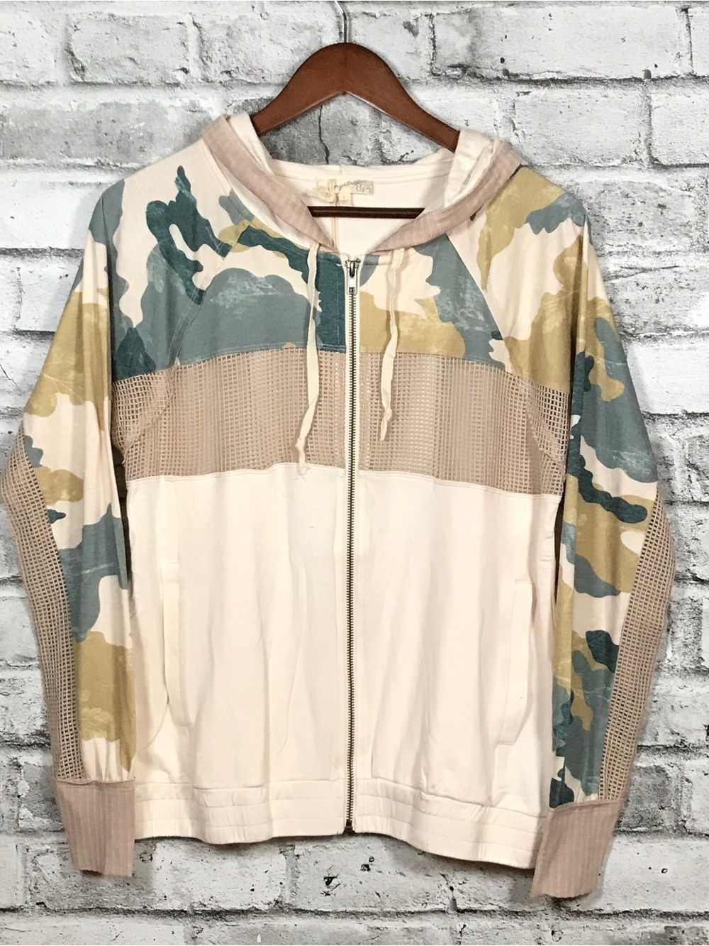 NWT Mystree Cream Cotton Knit Zip Front Hoodie with Rope Drawstring